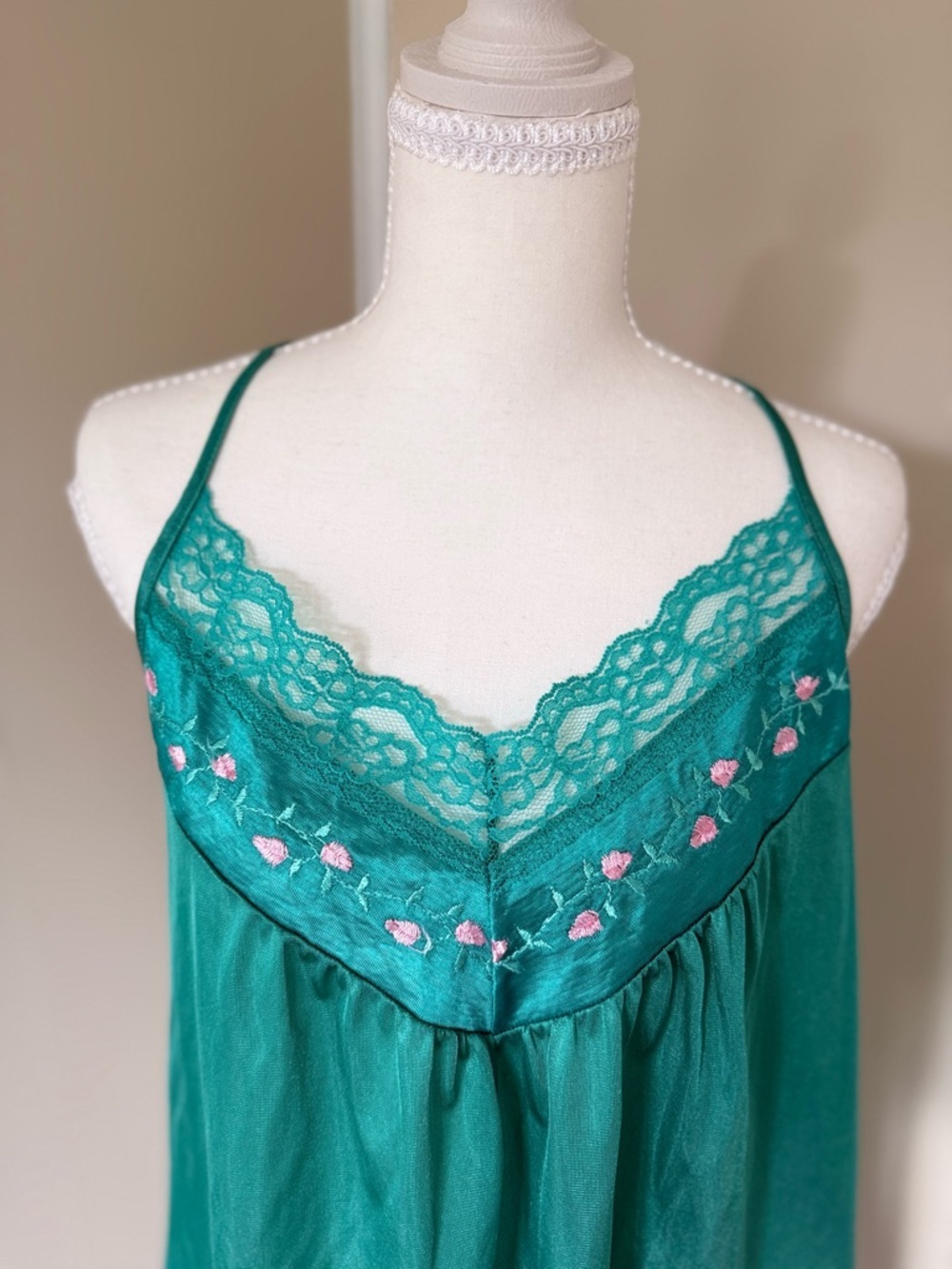 Vintage 70s Stardust Fairycore Emerald Green Teal Chemise Peignoir Set Florets L - Picture 3 of 16
